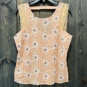 Bon Ami Floral Blouse M Peach Lace Eyelet Sleeveless Boho Lightweight Cotton Top
